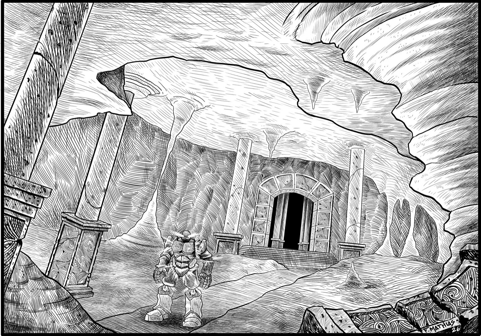 A vast underground hall of carved columns and a sealed door, a lone stone sentinel standing watch