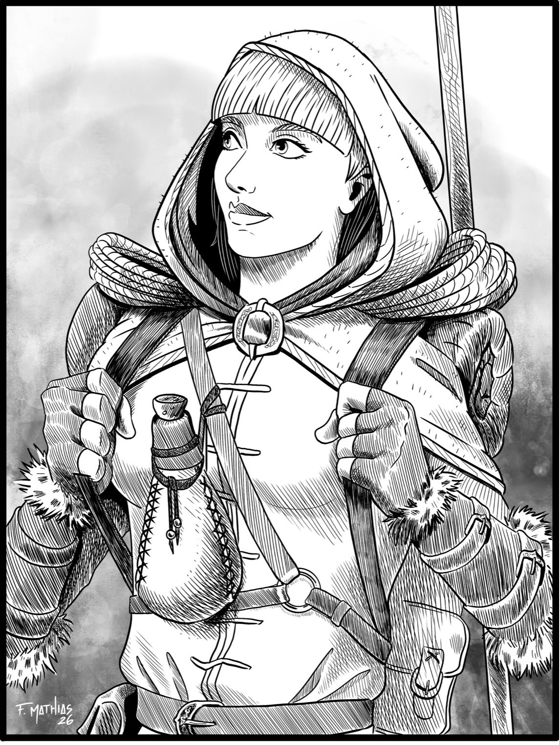 Solen Veth, a hooded figure with coiled rope and travel gear, looking off to one side