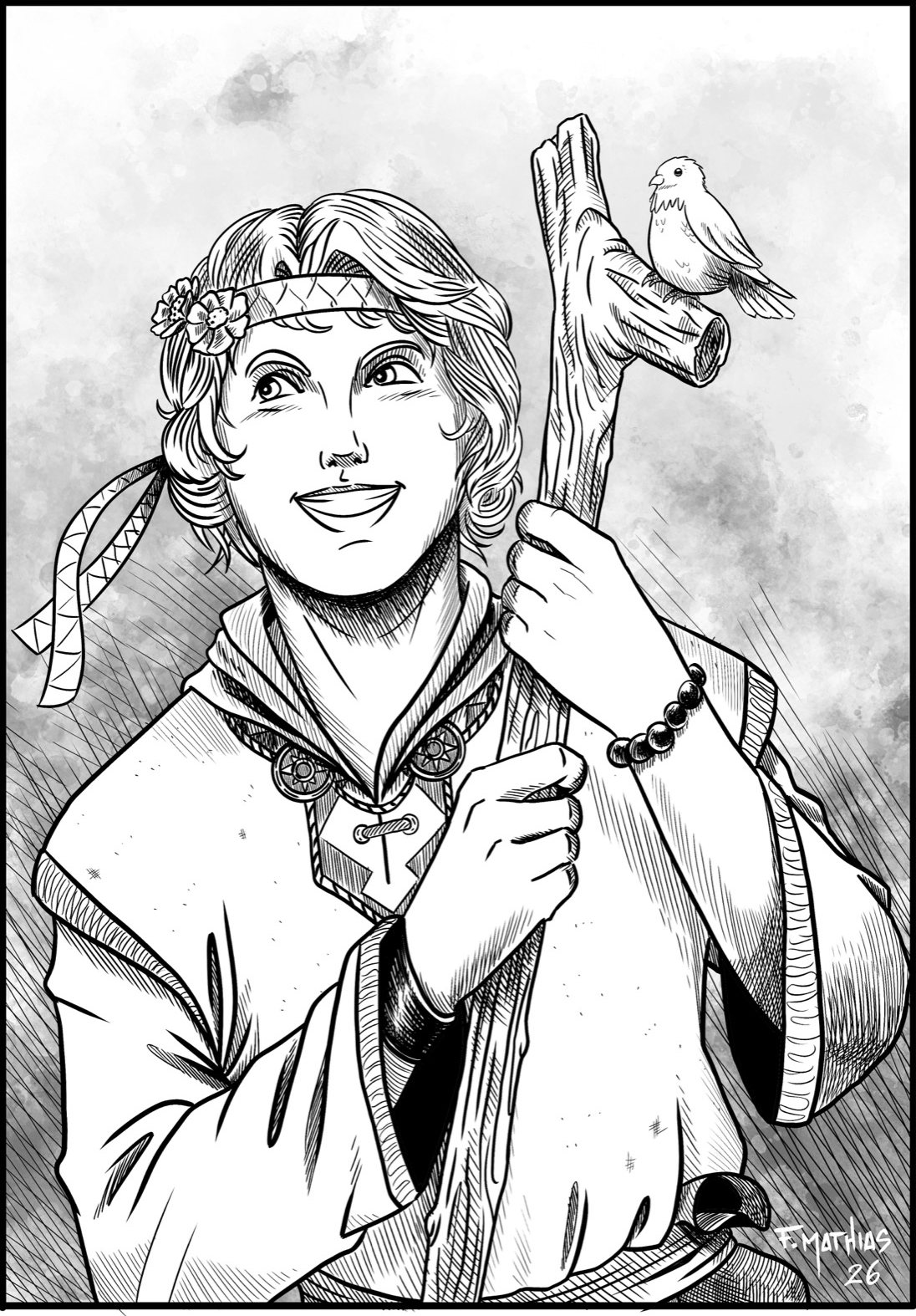 Tender Torren, smiling, a small bird perched on their staff